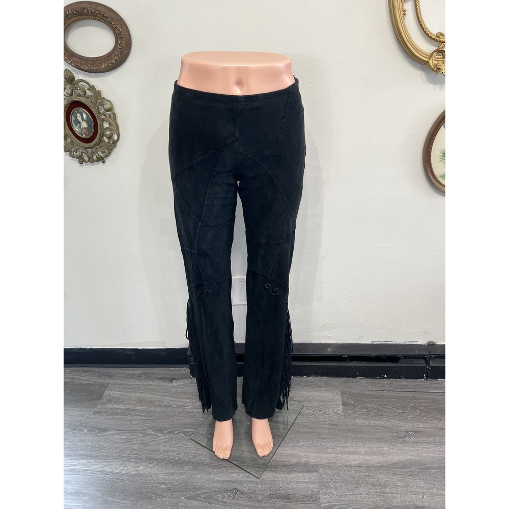 Jacqueline Chiabay Black Suede Leather Patchwork Fringe Bohemian Pants Size 40